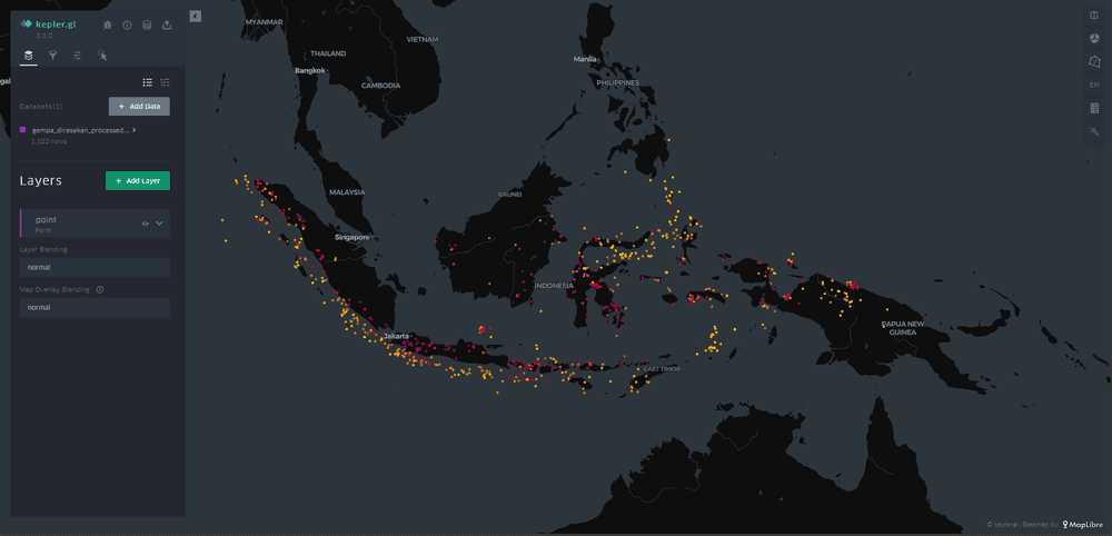 Tapilan peta dengan titik-titik gempa